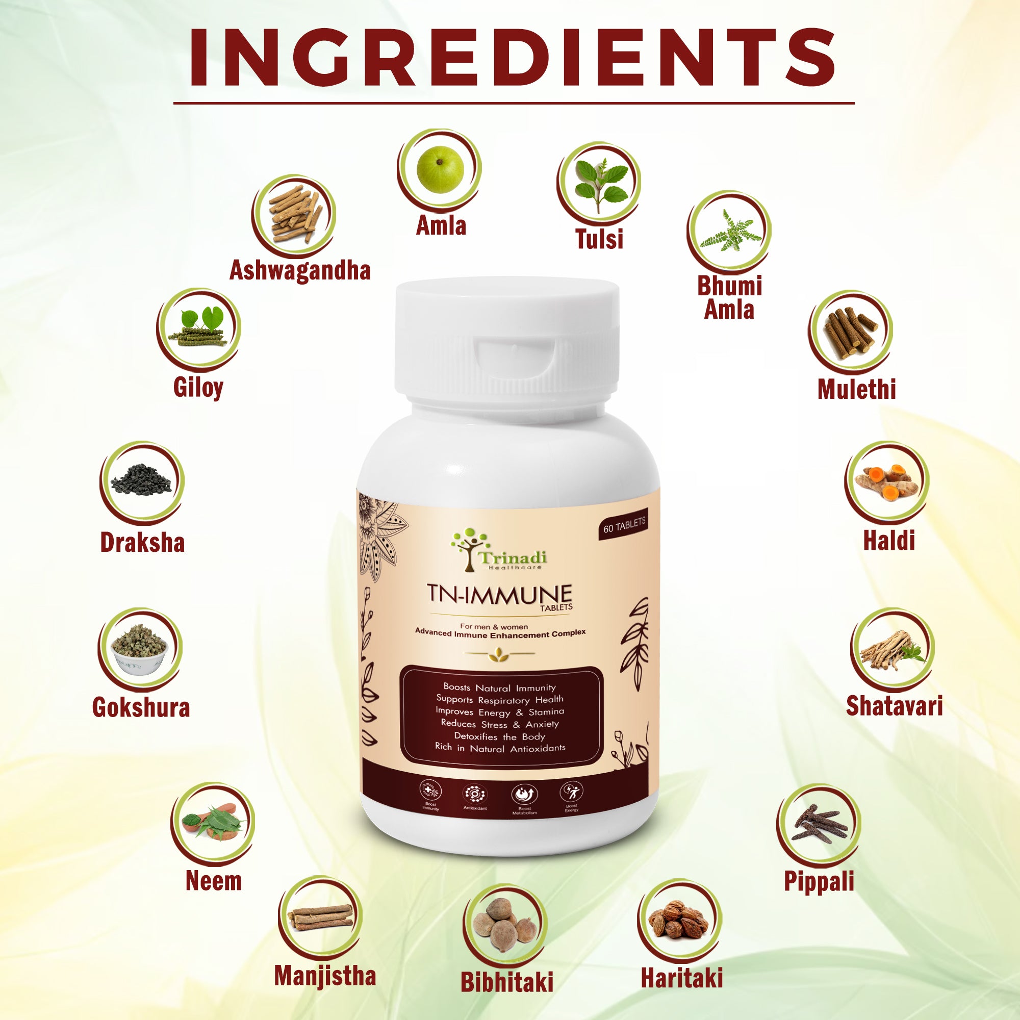 Trinadi TN-Immune Tablets | Ayurvedic Immunity Booster with Natural Antioxidants | Supports Respiratory Health, Energy, Stamina, Stress Relief & Daily Wellness